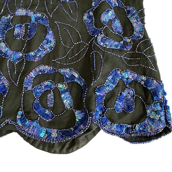 Vintage Sequined Top 100% Silk Blouse Glam Laurence Kazar Black Blue‎ Size 1X - Picture 5 of 11